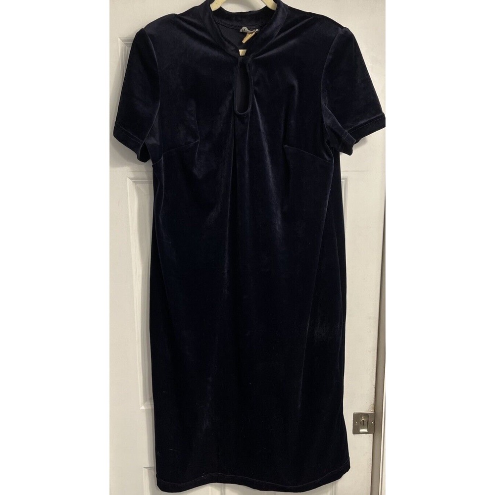Vtg 60s Dark Blue Velvet Cocktail Dress Womens Size 18 Short Sleeve Slit Back